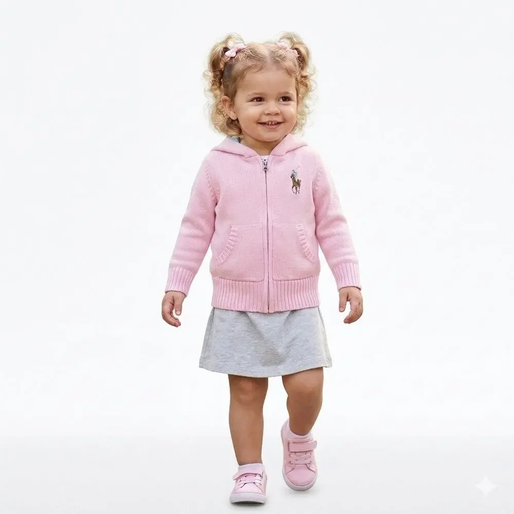 Ralph Lauren Girls 2T Pink Cotton Knit Zip Up Big Pony Hoodie Sweater Cardigan